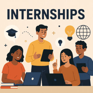 Young students exploring online internships, data analyst internships, and paid internship opportunities in 2025 with top companies like Google, Amazon, and NITI Aayog